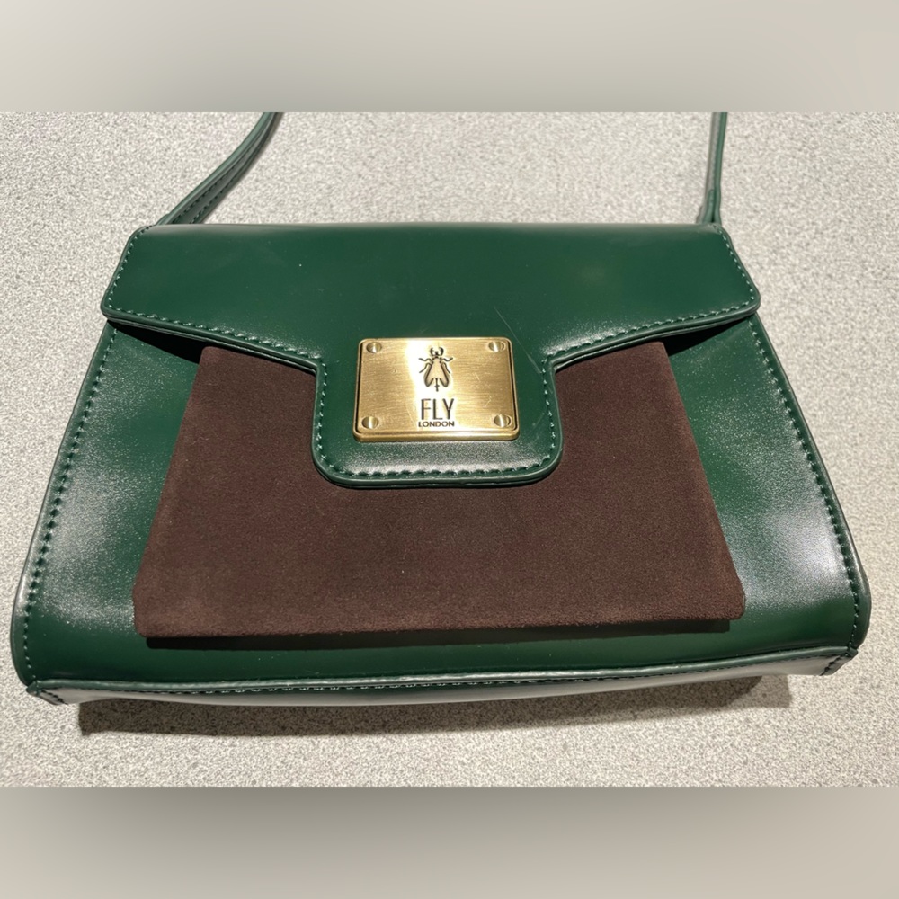 Fly London Green Leather/Brown Suede Crossbody Bag.
